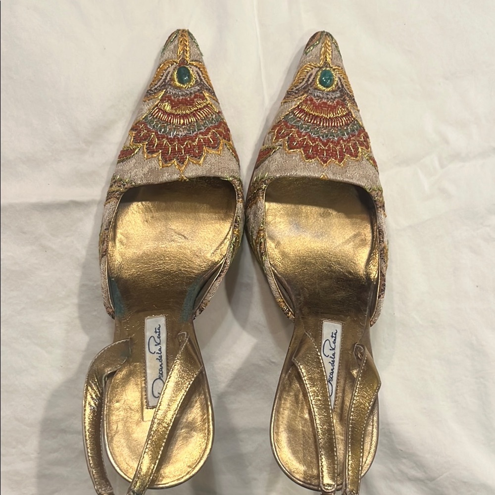 Embroidered Pointed-Toe Slingback Flats